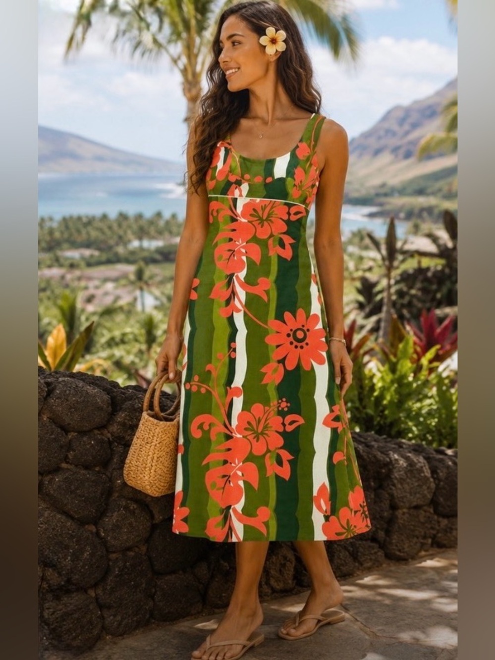 Vintage Karen Ann 1960s Hawaii Barkcloth Tiki Luau Maxi Dress Handmade Tropical
